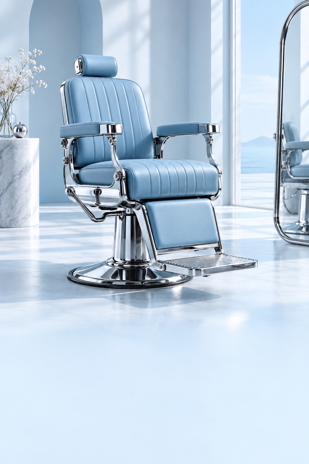 A premium chrome barber chair in a quiet ice-blue studio