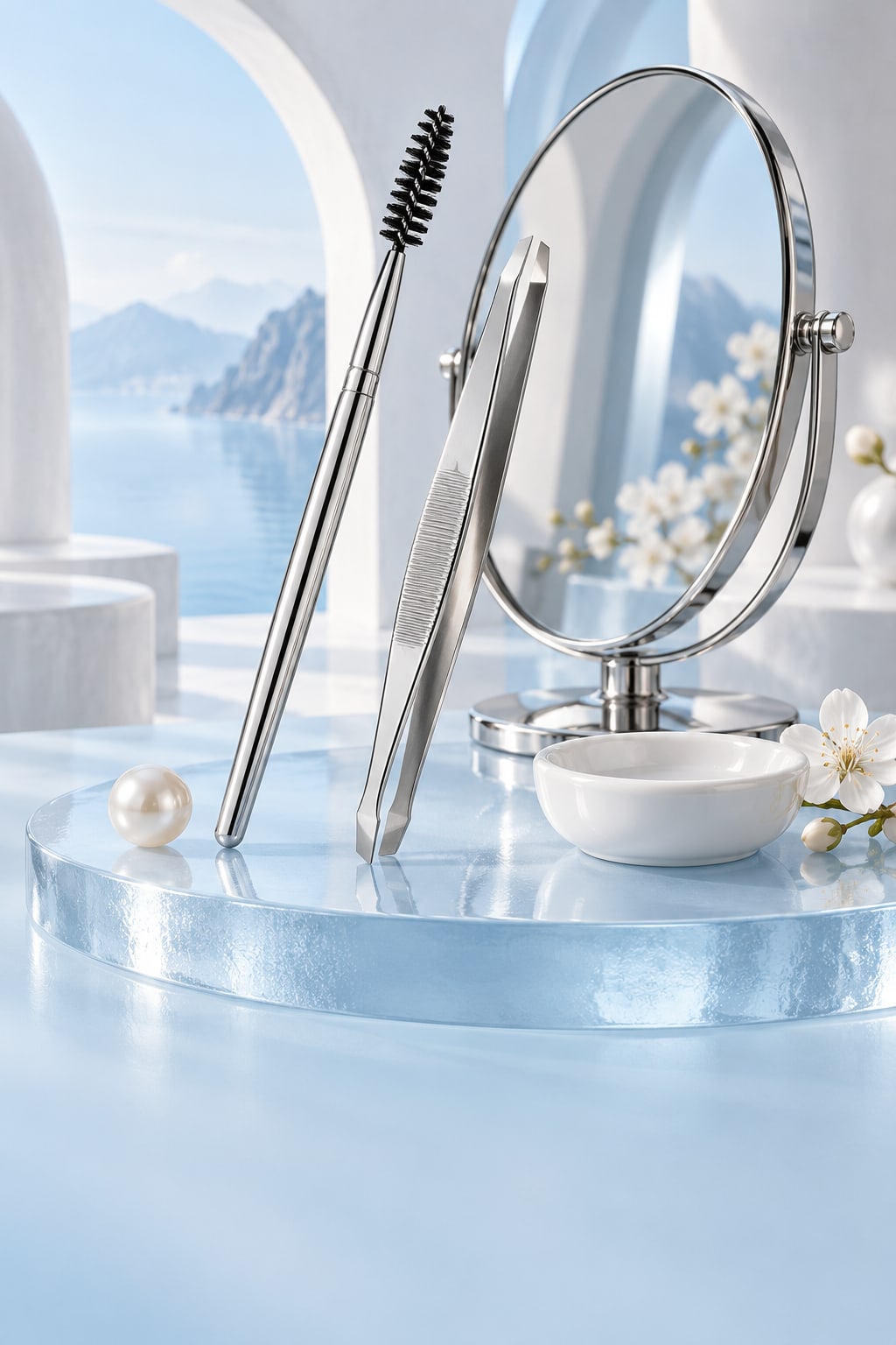Silver brow tools and an oval mirror on frosted blue glass