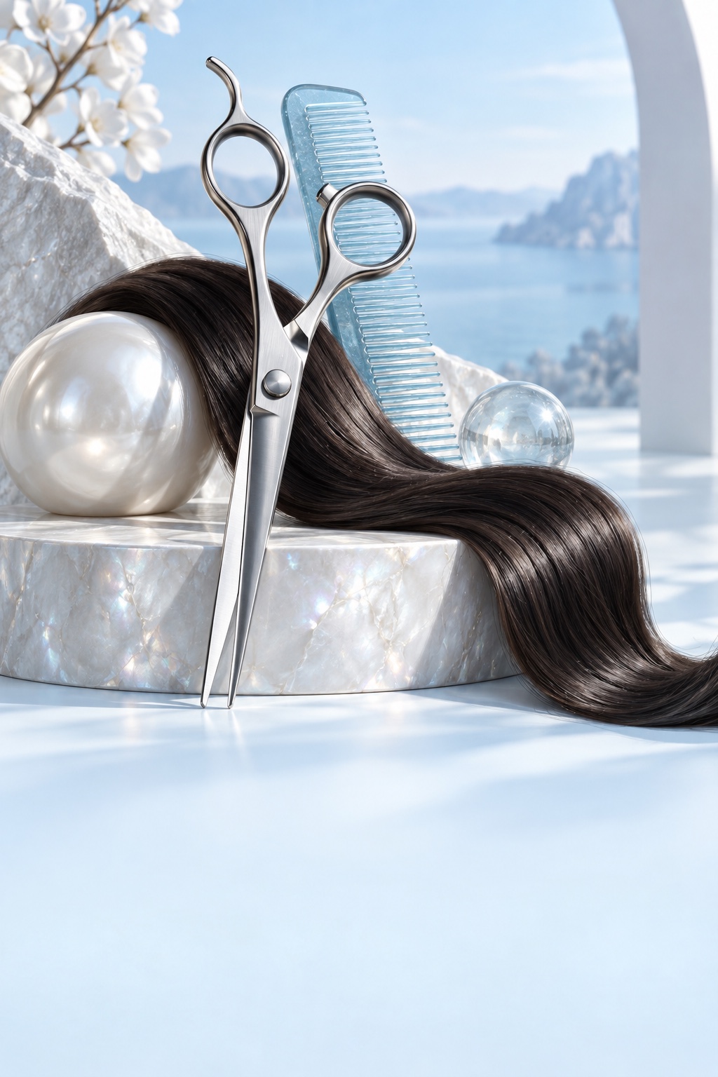 Silver salon scissors, a blue glass comb, and flowing hair in a sculptural beauty still life
