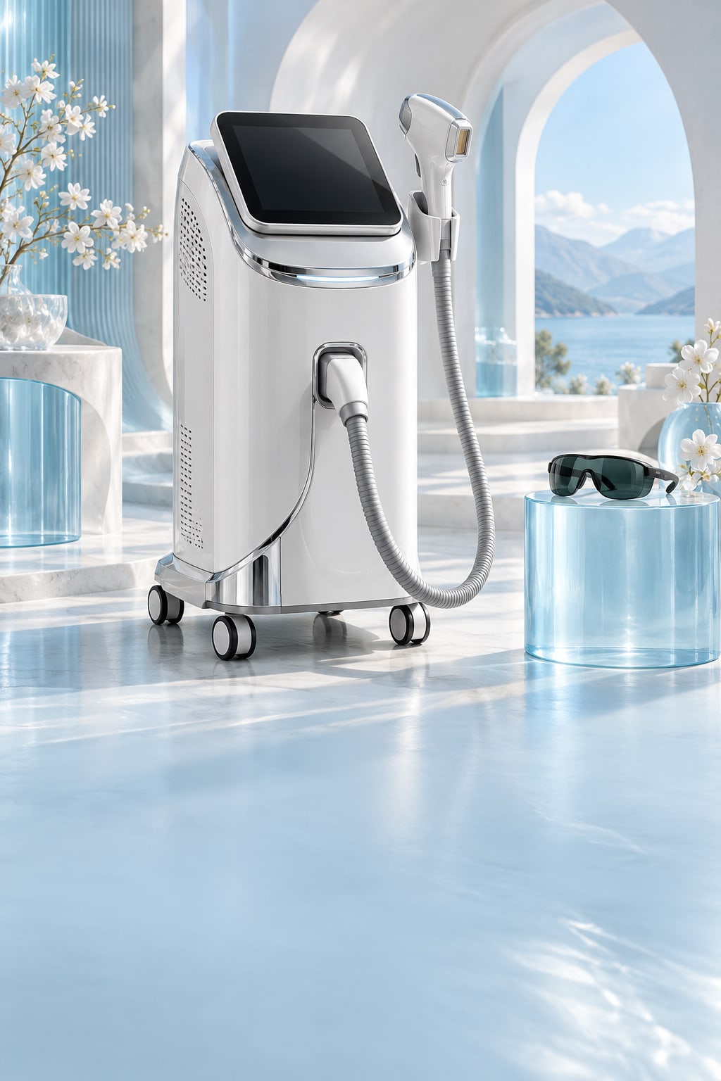A pearl-white laser hair-removal device and protective goggles