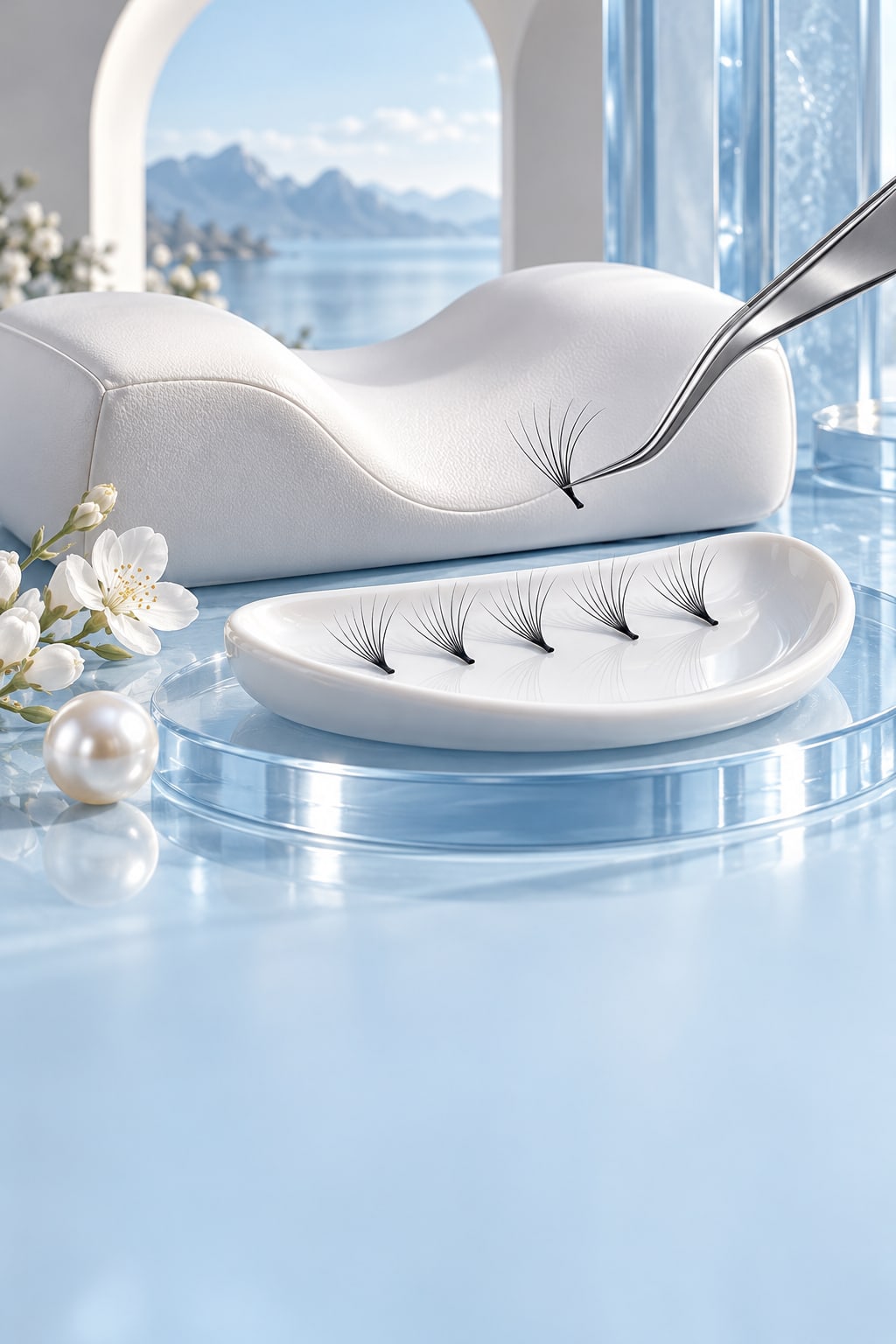 Silver lash tweezers, delicate lash fans, and a pearl treatment pillow