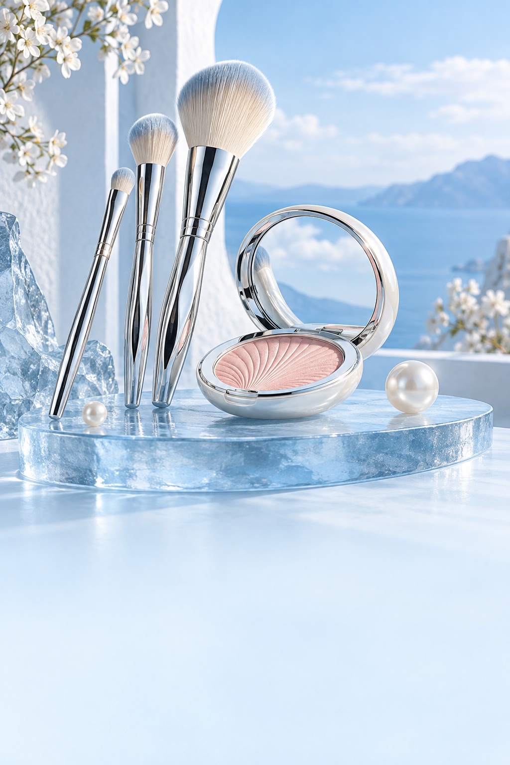 Silver makeup brushes and a pearl compact on a frosted blue plinth
