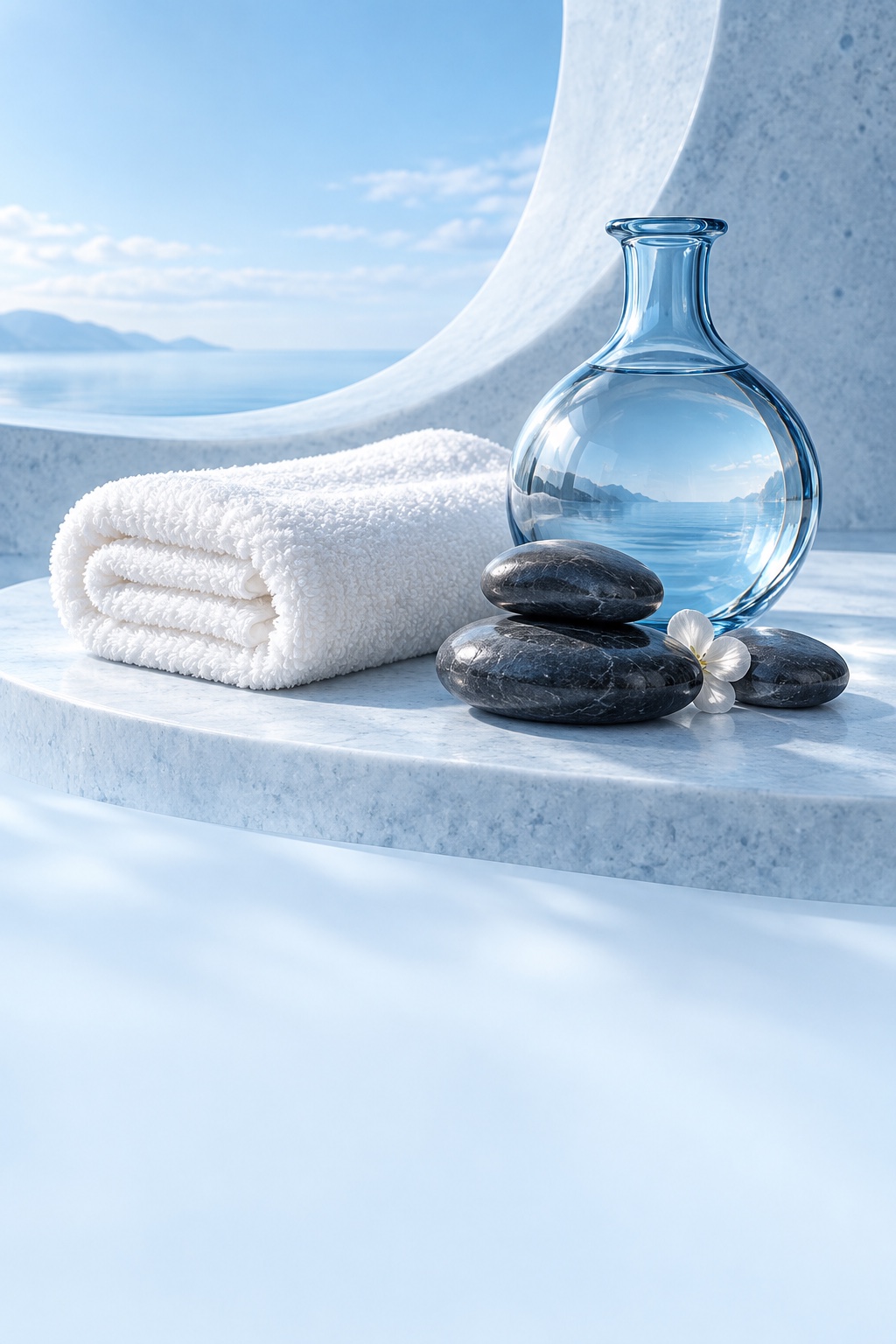 Pearl towels, dark spa stones, and a translucent blue vessel