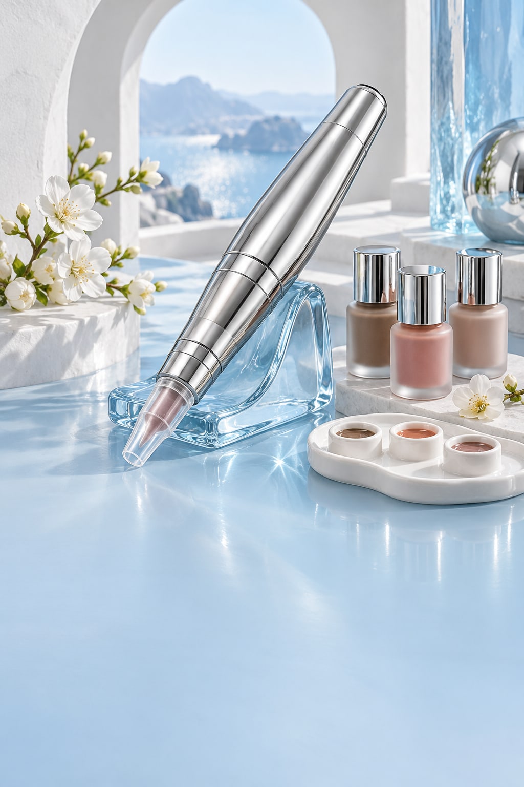 A silver permanent makeup pen and small pigment bottles on blue glass
