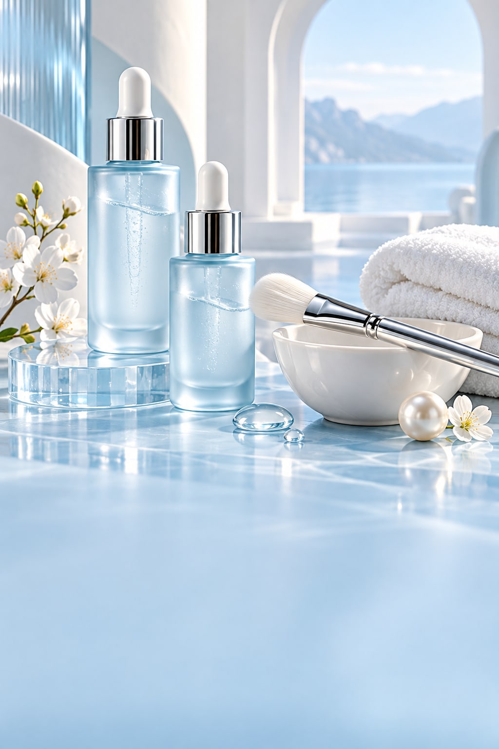 Frosted serum bottles, a facial brush, and a pearl ceramic bowl