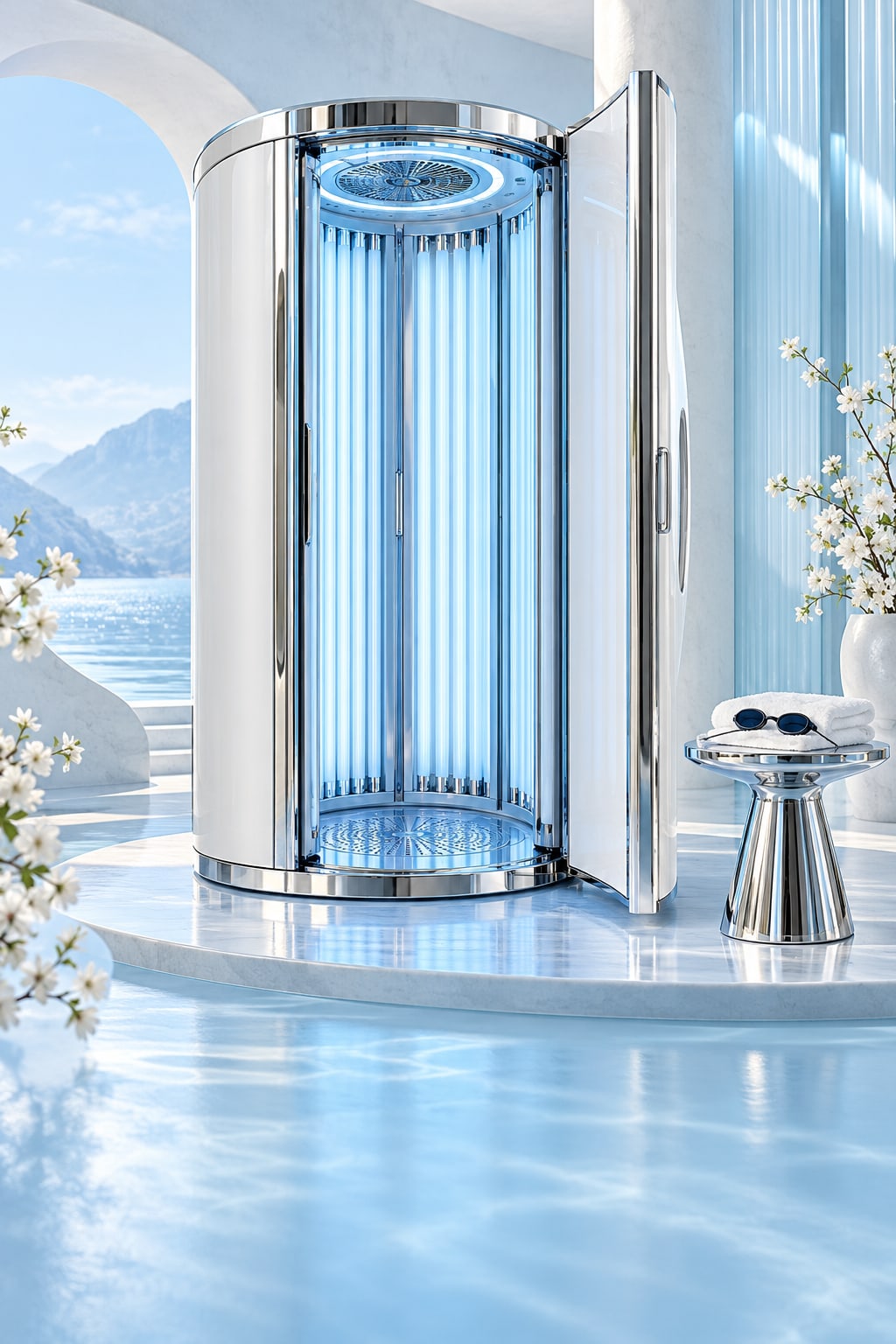 A pearl-white tanning booth with soft blue lighting in an airy studio