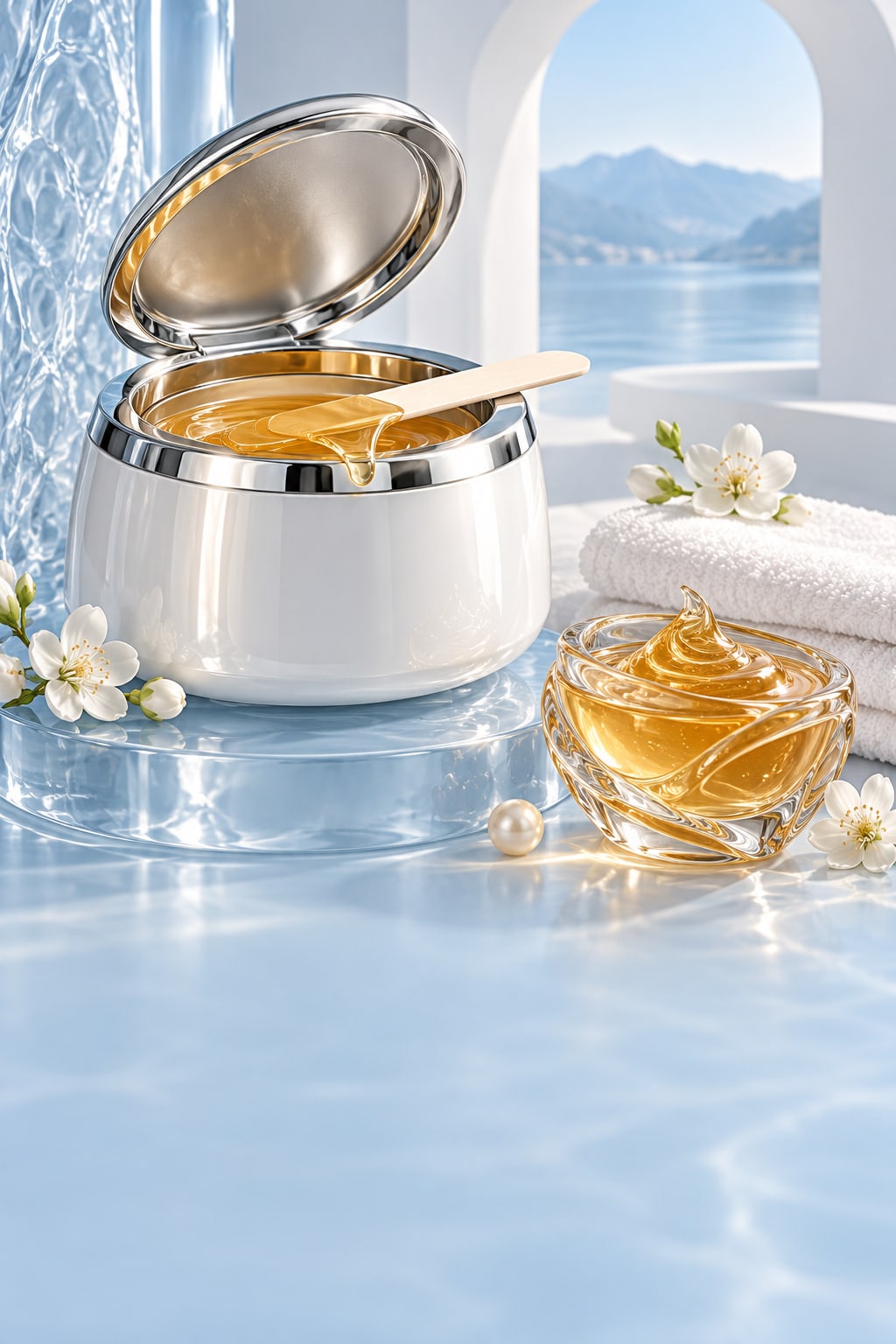 A pearl wax warmer and translucent sugaring paste in an ice-blue studio